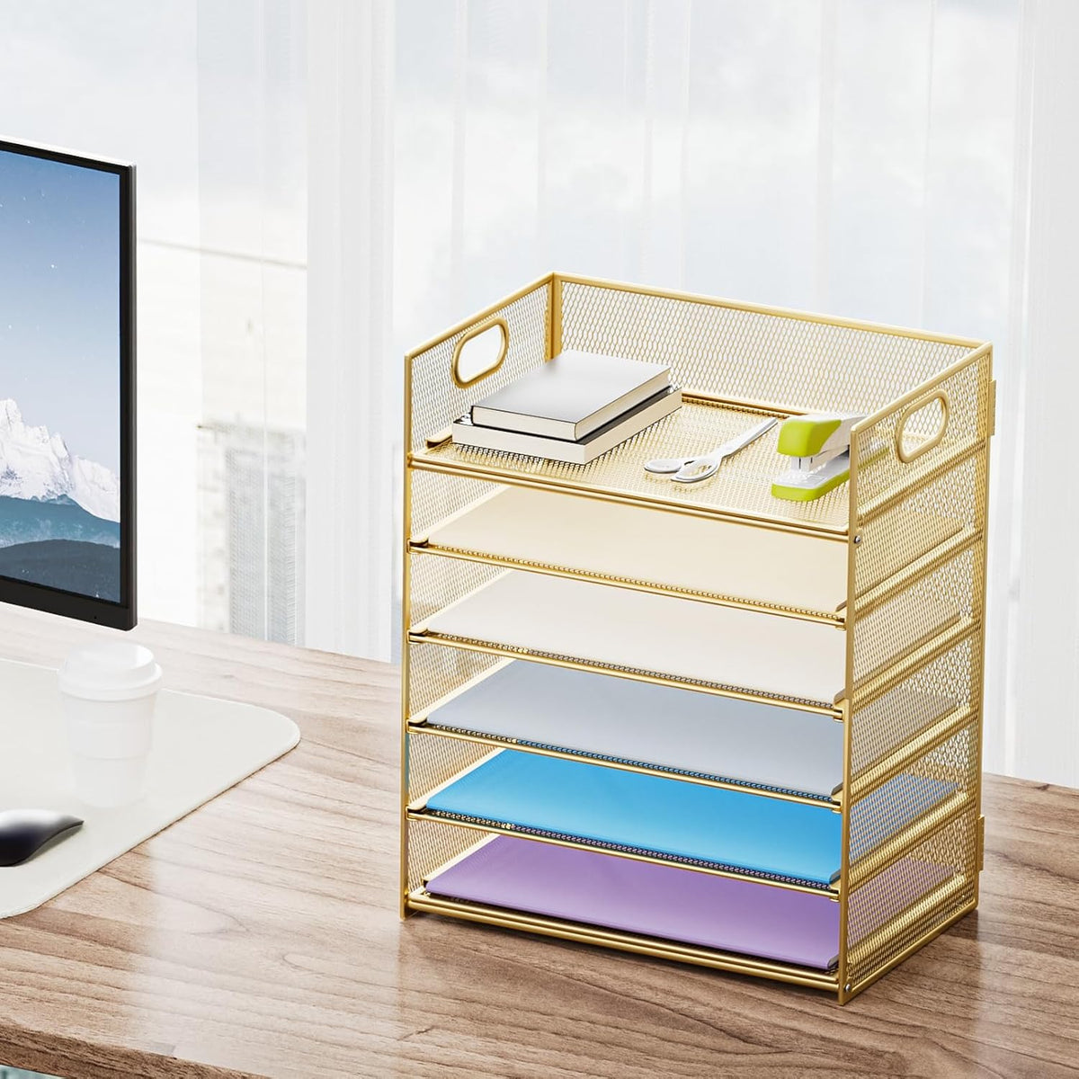 6 Tier Paper Organizer Letter Tray - Mesh Desk File Organizer with Handle, Paper Sorter Organizer for Letter/A4 Office File Folder Holder - Black