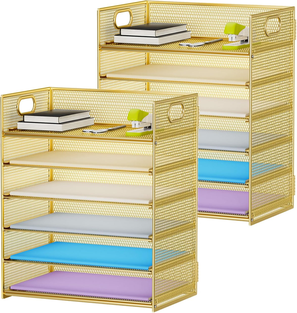 6 Tier Paper Organizer Letter Tray - Mesh Desk File Organizer with Handle, Paper Sorter Organizer for Letter/A4 Office File Folder Holder - Black