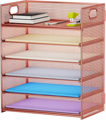 6 Tier Paper Organizer Letter Tray - Mesh Desk File Organizer with Handle, Paper Sorter Organizer for Letter/A4 Office File Folder Holder - Black