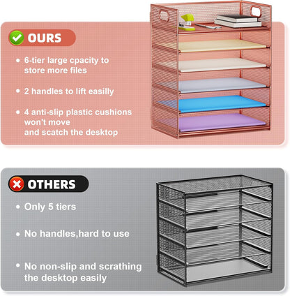 6 Tier Paper Organizer Letter Tray - Mesh Desk File Organizer with Handle, Paper Sorter Organizer for Letter/A4 Office File Folder Holder - Black