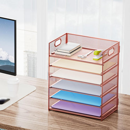 6 Tier Paper Organizer Letter Tray - Mesh Desk File Organizer with Handle, Paper Sorter Organizer for Letter/A4 Office File Folder Holder - Black