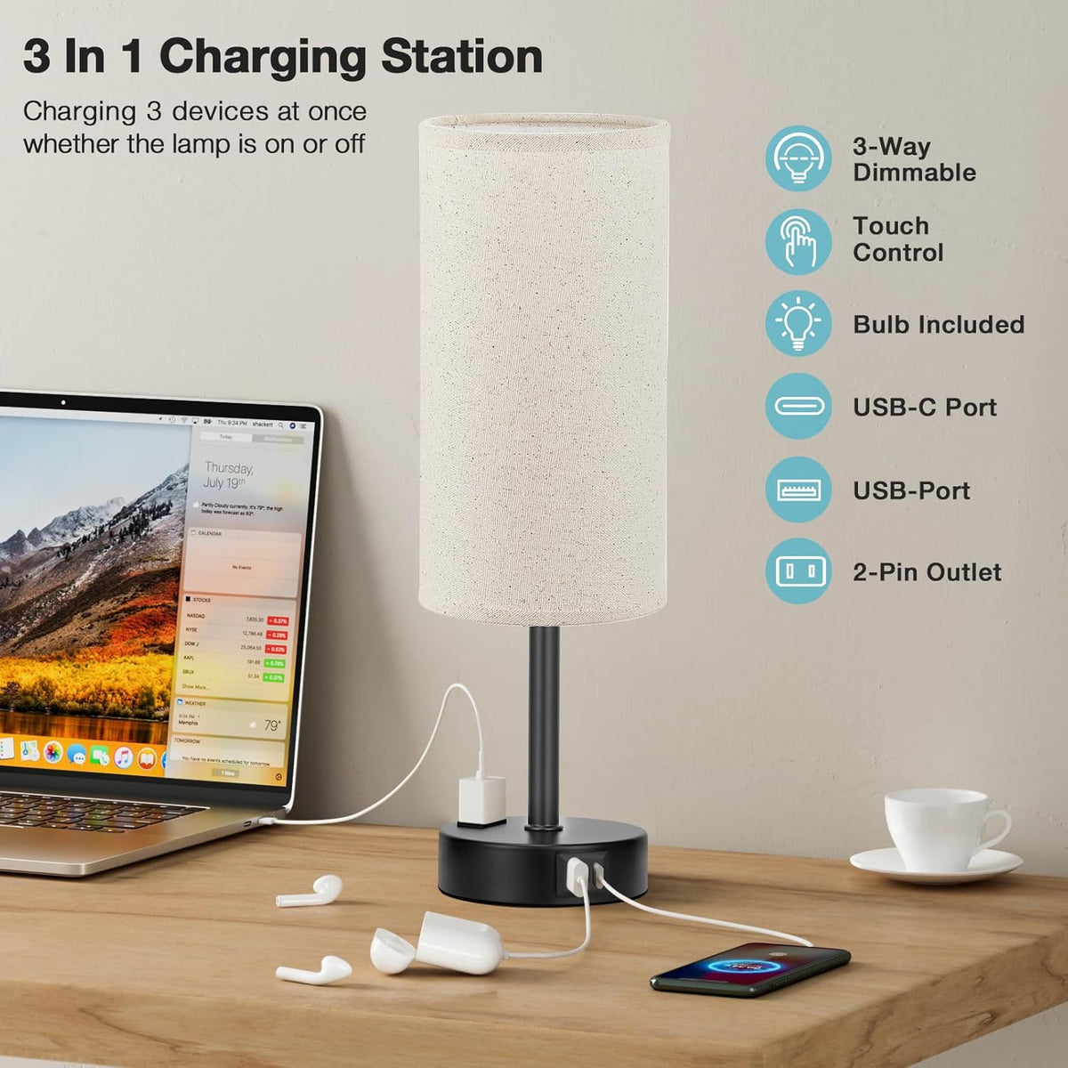 Fenmzee Bedside Table Lamp for Bedroom - Dimmable Touch, USB A+C, AC Outlet