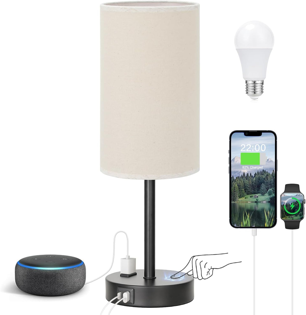 Fenmzee Bedside Table Lamp for Bedroom - Dimmable Touch, USB A+C, AC Outlet