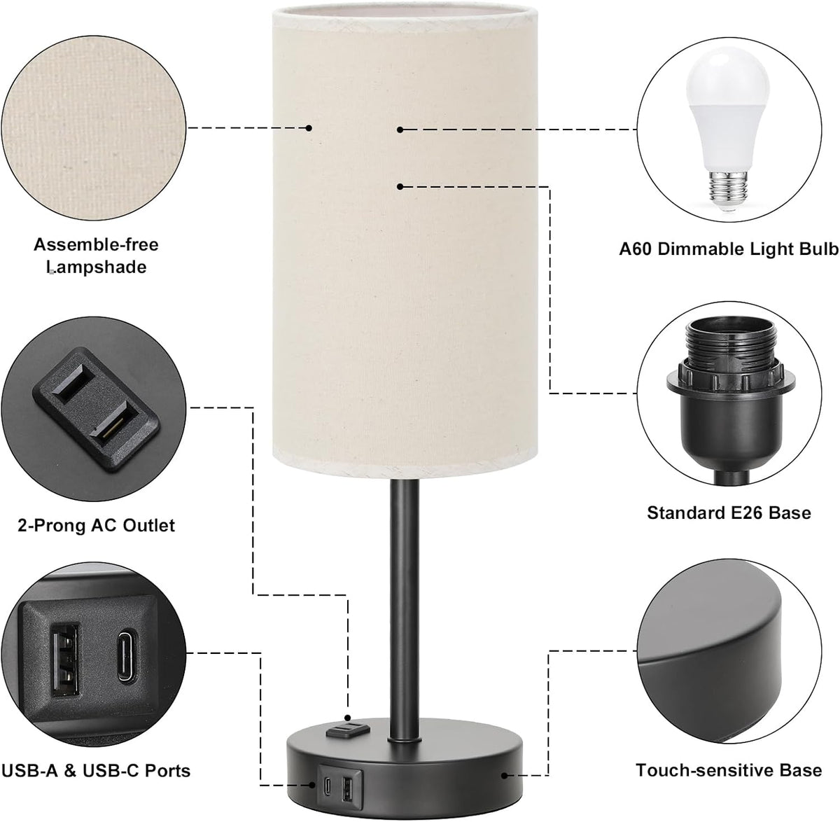 Fenmzee Bedside Table Lamp for Bedroom - Dimmable Touch, USB A+C, AC Outlet