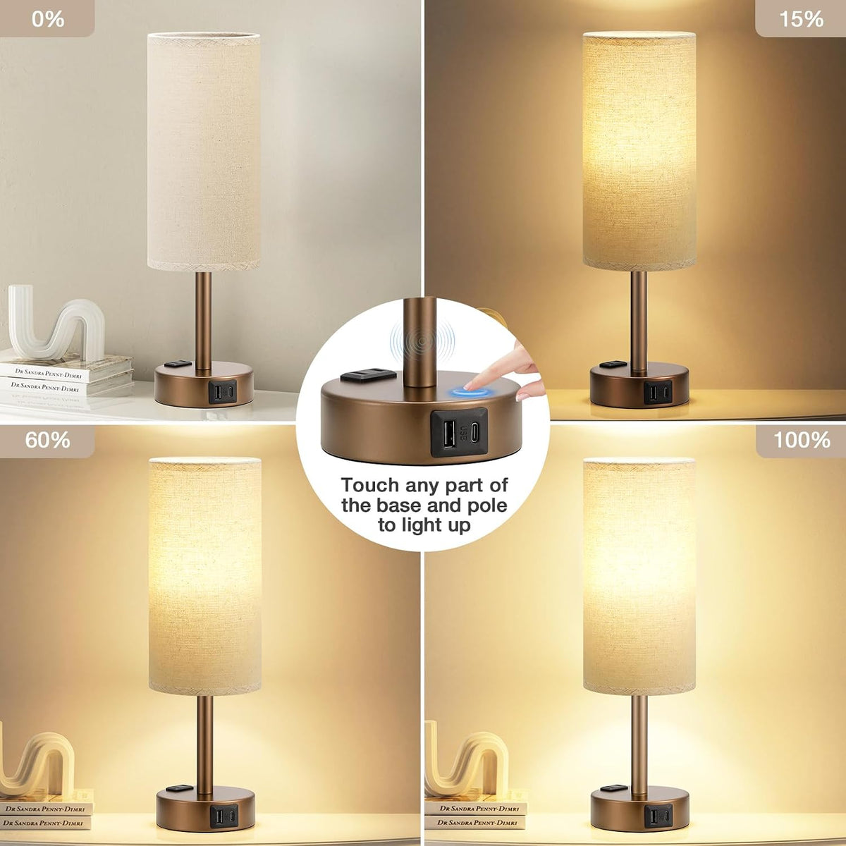 Fenmzee Bedside Table Lamp for Bedroom - Dimmable Touch, USB A+C, AC Outlet