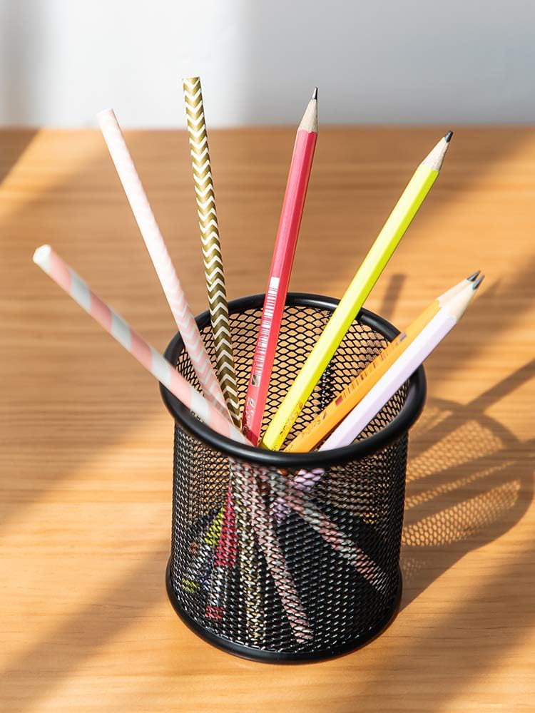 Black Pen Holder Cup for Desk, Pencil Cup Holder, Black Wire Mesh Pen Cup for Desk Office Pen Organizer