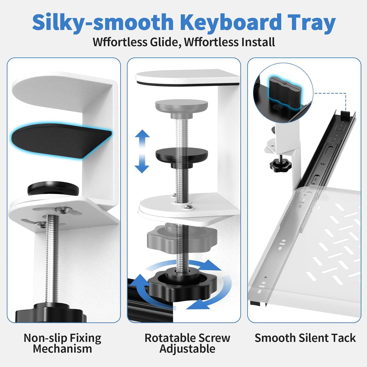 Keyboard Tray Under Desk - Full Metal Slide Out Holder, Rust-Resistant & Scratch-Proof, Double C-Clamps, 26x13" Tray for L Shape/Regular Desks, Standing/Sitting Workstation(White-A)