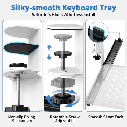 Keyboard Tray Under Desk - Full Metal Slide Out Holder, Rust-Resistant & Scratch-Proof, Double C-Clamps, 26x13" Tray for L Shape/Regular Desks, Standing/Sitting Workstation(White-A)