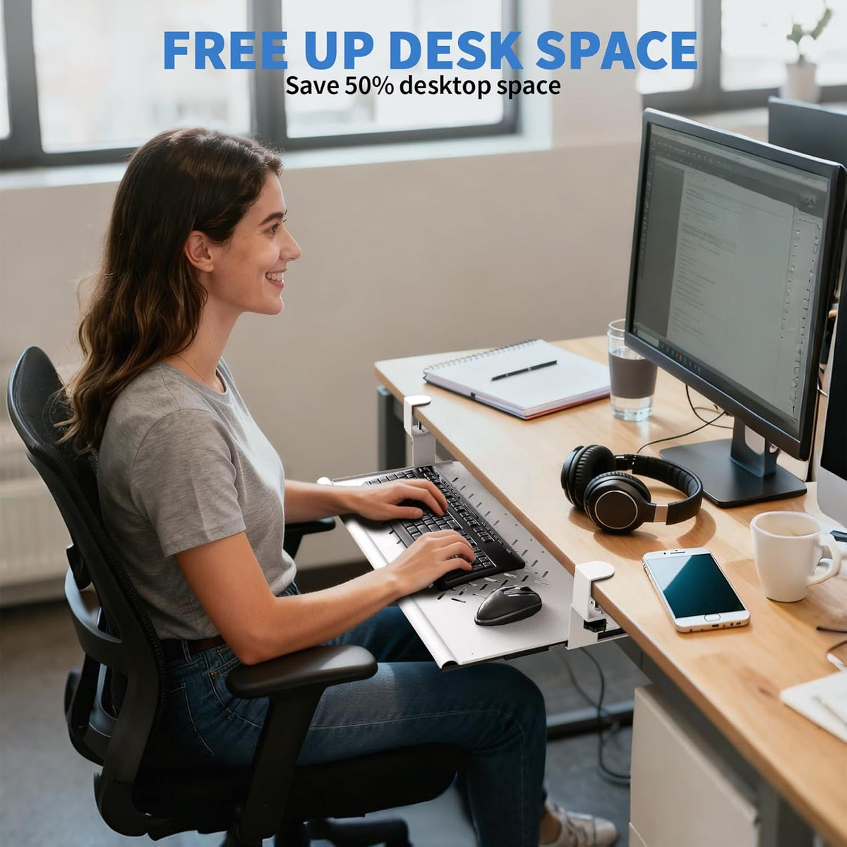 Keyboard Tray Under Desk - Full Metal Slide Out Holder, Rust-Resistant & Scratch-Proof, Double C-Clamps, 26x13" Tray for L Shape/Regular Desks, Standing/Sitting Workstation(White-A)