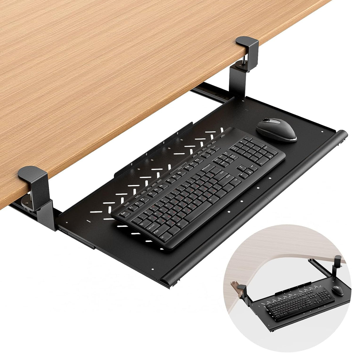 Keyboard Tray Under Desk - Full Metal Slide Out Holder, Rust-Resistant & Scratch-Proof, Double C-Clamps, 26x13" Tray for L Shape/Regular Desks, Standing/Sitting Workstation(White-A)