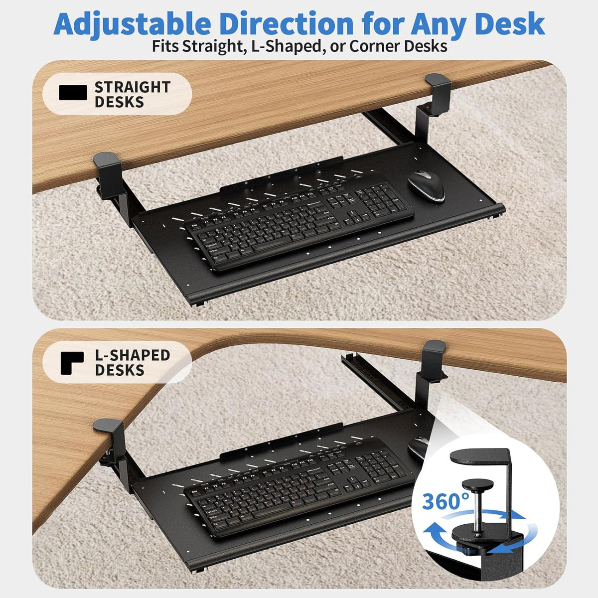 Keyboard Tray Under Desk - Full Metal Slide Out Holder, Rust-Resistant & Scratch-Proof, Double C-Clamps, 26x13" Tray for L Shape/Regular Desks, Standing/Sitting Workstation(White-A)