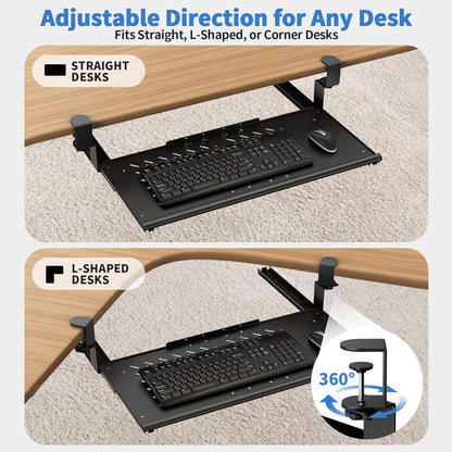 Keyboard Tray Under Desk - Full Metal Slide Out Holder, Rust-Resistant & Scratch-Proof, Double C-Clamps, 26x13" Tray for L Shape/Regular Desks, Standing/Sitting Workstation(White-A)