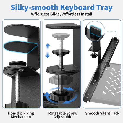 Keyboard Tray Under Desk - Full Metal Slide Out Holder, Rust-Resistant & Scratch-Proof, Double C-Clamps, 26x13" Tray for L Shape/Regular Desks, Standing/Sitting Workstation(White-A)