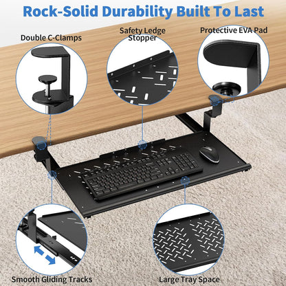 Keyboard Tray Under Desk - Full Metal Slide Out Holder, Rust-Resistant & Scratch-Proof, Double C-Clamps, 26x13" Tray for L Shape/Regular Desks, Standing/Sitting Workstation(White-A)