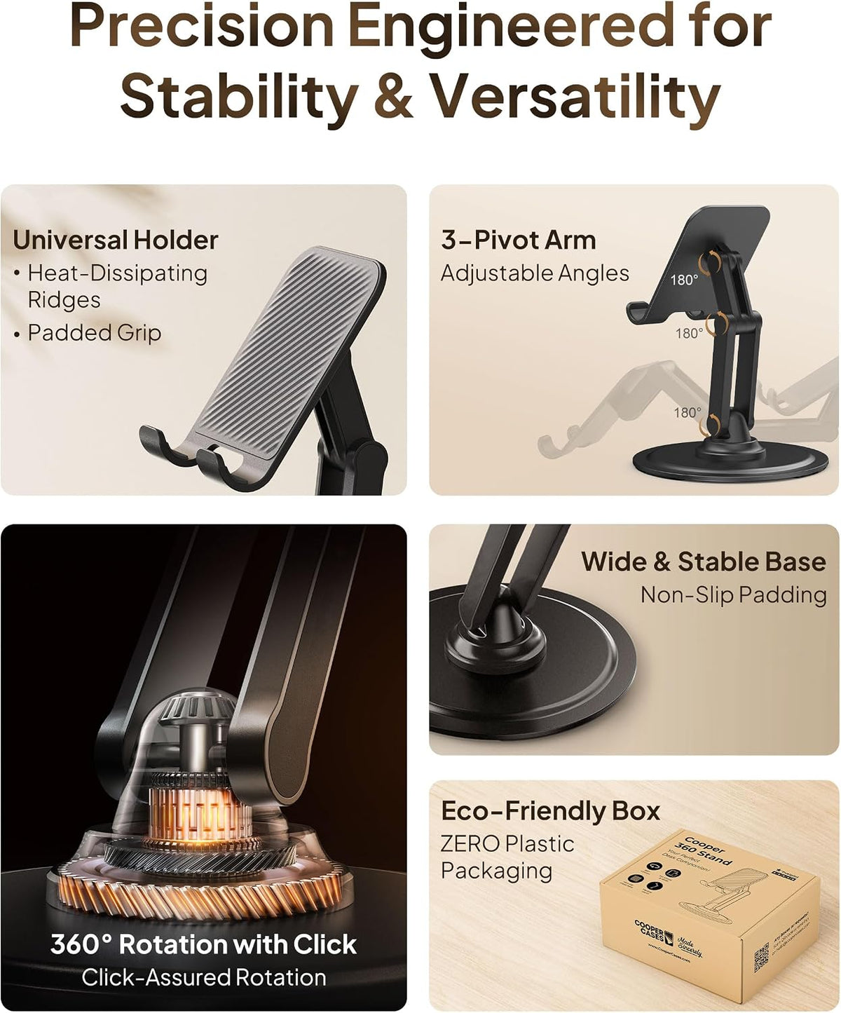 COOPER 360° Stand, Rotating Cell Phone Stand for Desk | Sturdy Metal Base, Foldable, Portable | Cell Phone Holder for Desk (Piano Black)