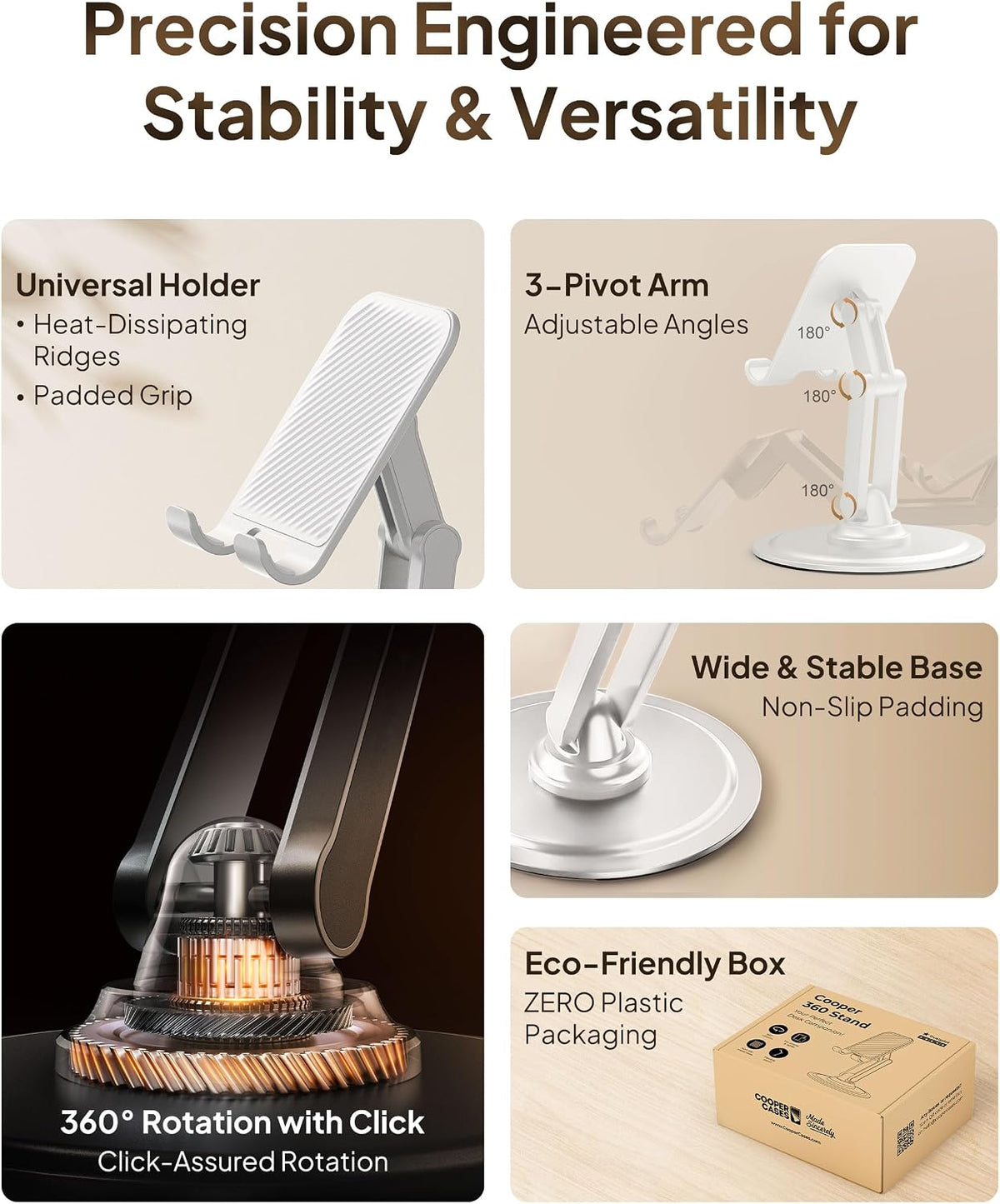COOPER 360° Stand, Rotating Cell Phone Stand for Desk | Sturdy Metal Base, Foldable, Portable | Cell Phone Holder for Desk (Piano Black)