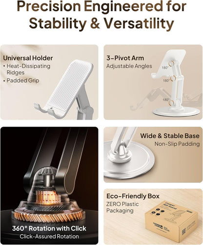 COOPER 360° Stand, Rotating Cell Phone Stand for Desk | Sturdy Metal Base, Foldable, Portable | Cell Phone Holder for Desk (Piano Black)