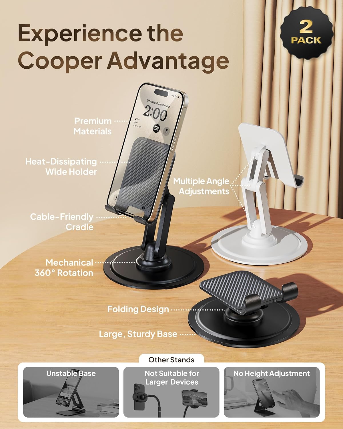 COOPER 360° Stand, Rotating Cell Phone Stand for Desk | Sturdy Metal Base, Foldable, Portable | Cell Phone Holder for Desk (Piano Black)