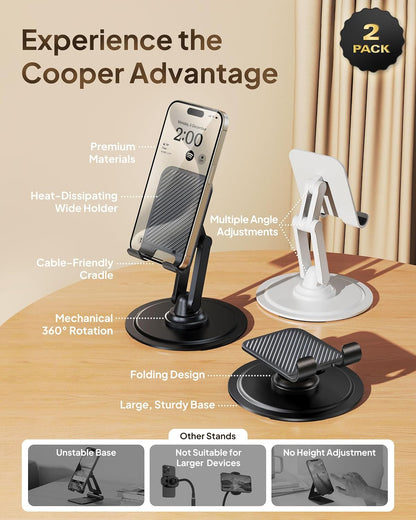 COOPER 360° Stand, Rotating Cell Phone Stand for Desk | Sturdy Metal Base, Foldable, Portable | Cell Phone Holder for Desk (Piano Black)