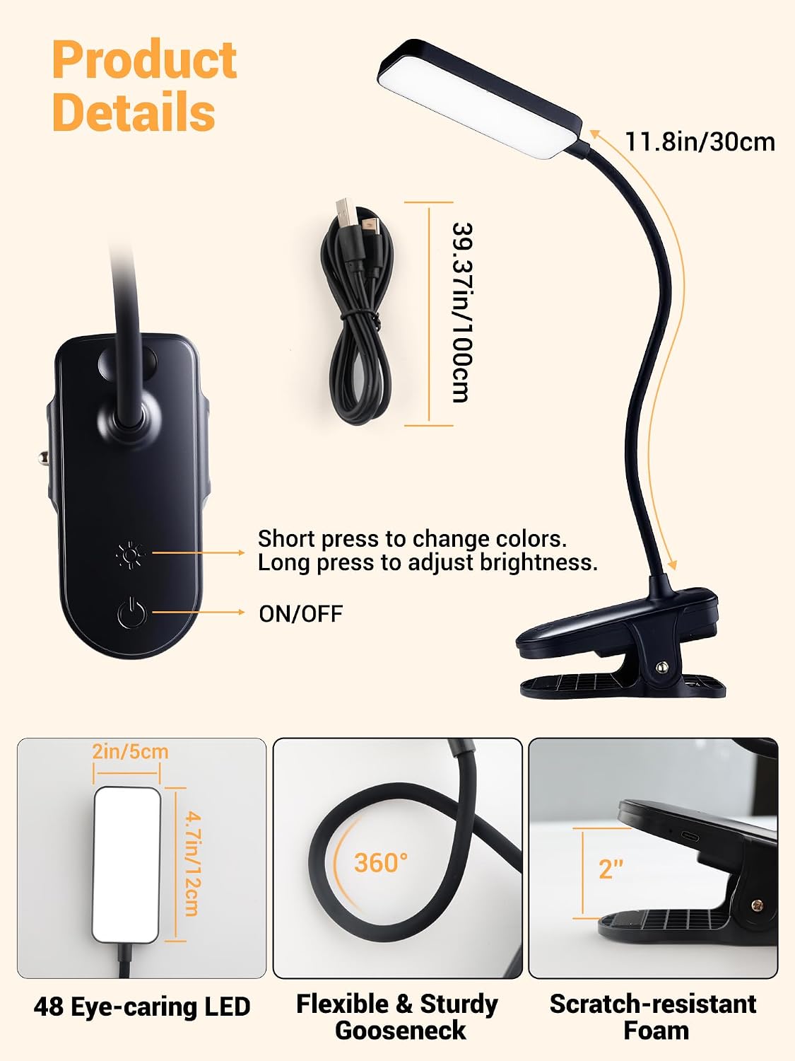 45 Lighting Modes Rechargeable Desk Lamp with Clamp