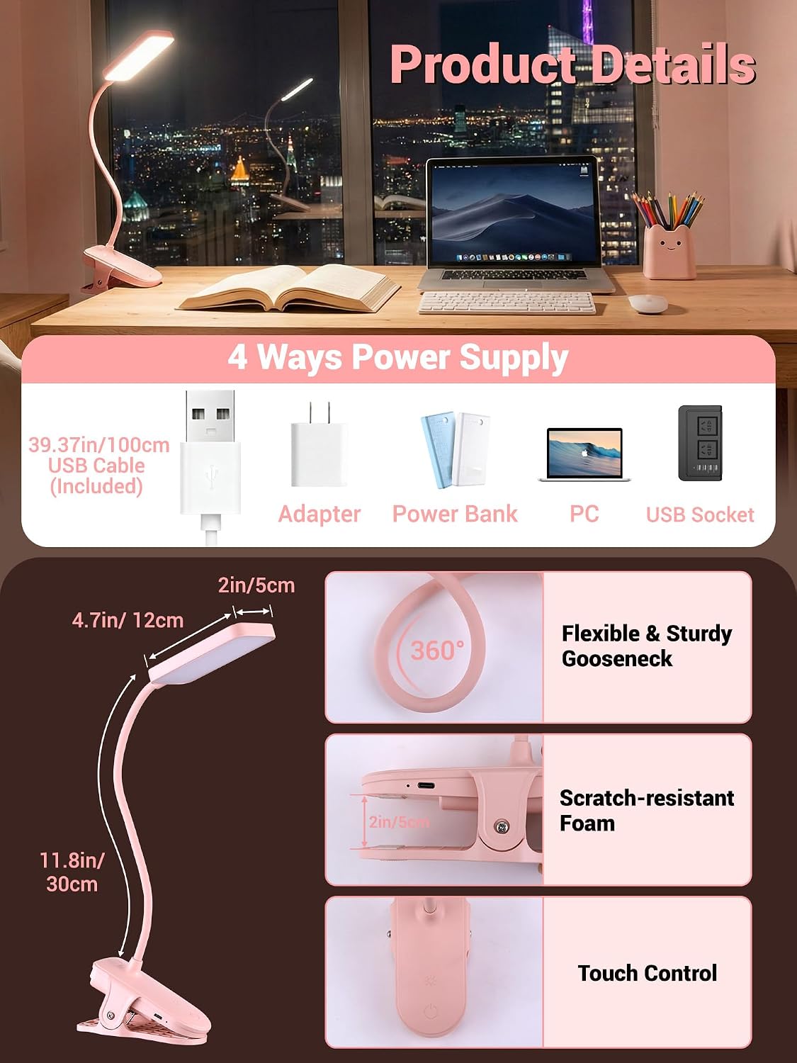 45 Lighting Modes Rechargeable Desk Lamp with Clamp