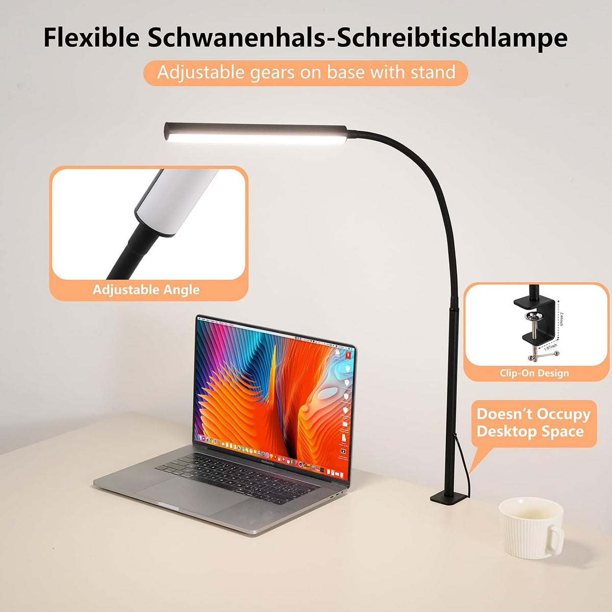 LED Desk Lamp for Office Home, Adjustable Flexible Eye-Caring Desk Light with,5 Modes 10 Brightness Adjustment, USB Adapter Desk Lamp with Clamp-MINI-B