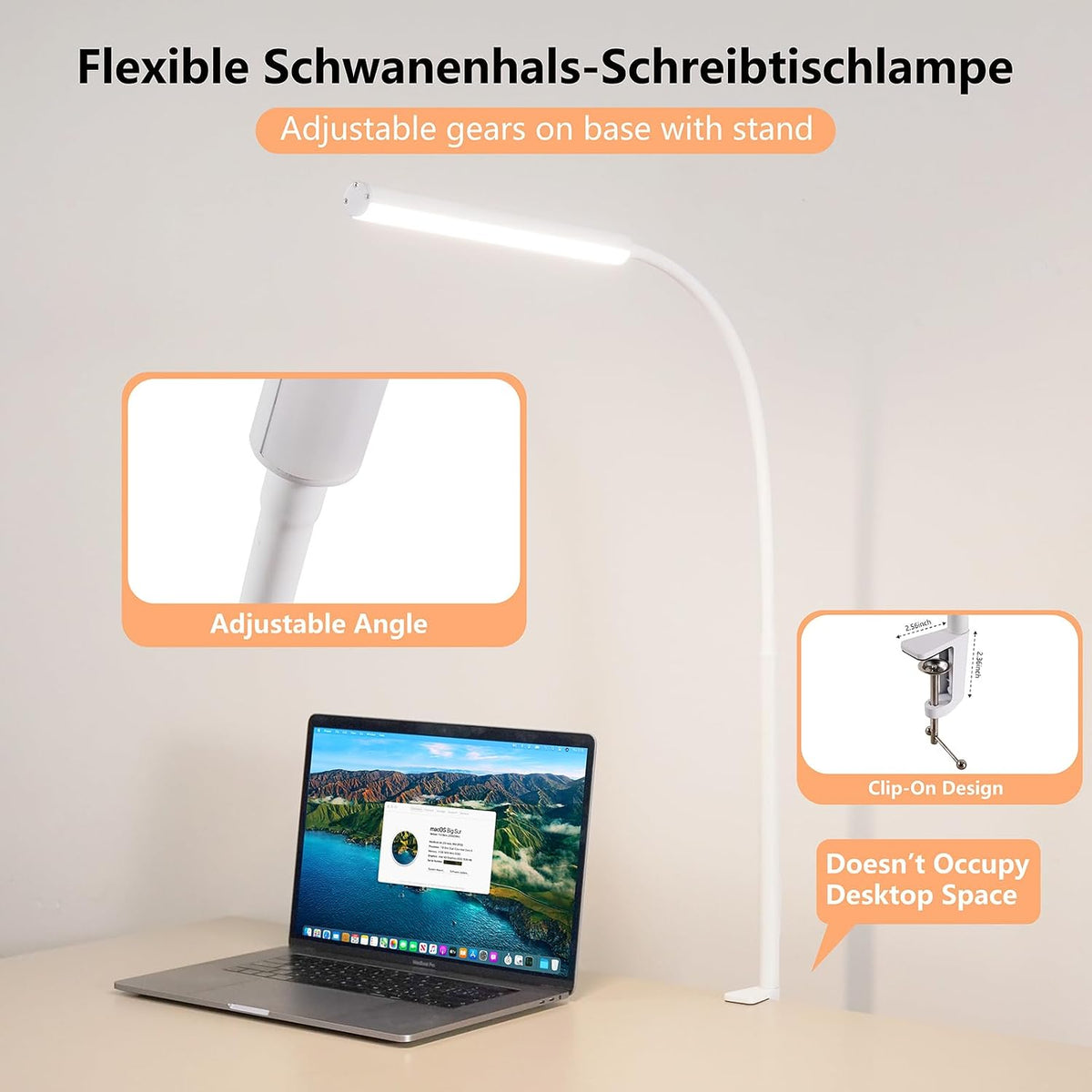 LED Desk Lamp for Office Home, Adjustable Flexible Eye-Caring Desk Light with,5 Modes 10 Brightness Adjustment, USB Adapter Desk Lamp with Clamp-MINI-B