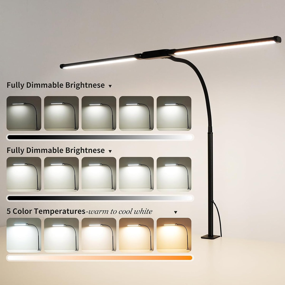 LED Desk Lamp for Office Home, Adjustable Flexible Eye-Caring Desk Light with,5 Modes 10 Brightness Adjustment, USB Adapter Desk Lamp with Clamp-MINI-B