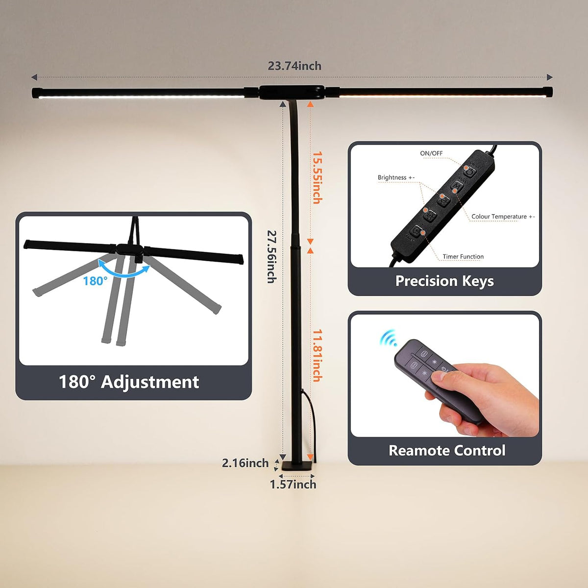 LED Desk Lamp for Office Home, Adjustable Flexible Eye-Caring Desk Light with,5 Modes 10 Brightness Adjustment, USB Adapter Desk Lamp with Clamp-MINI-B
