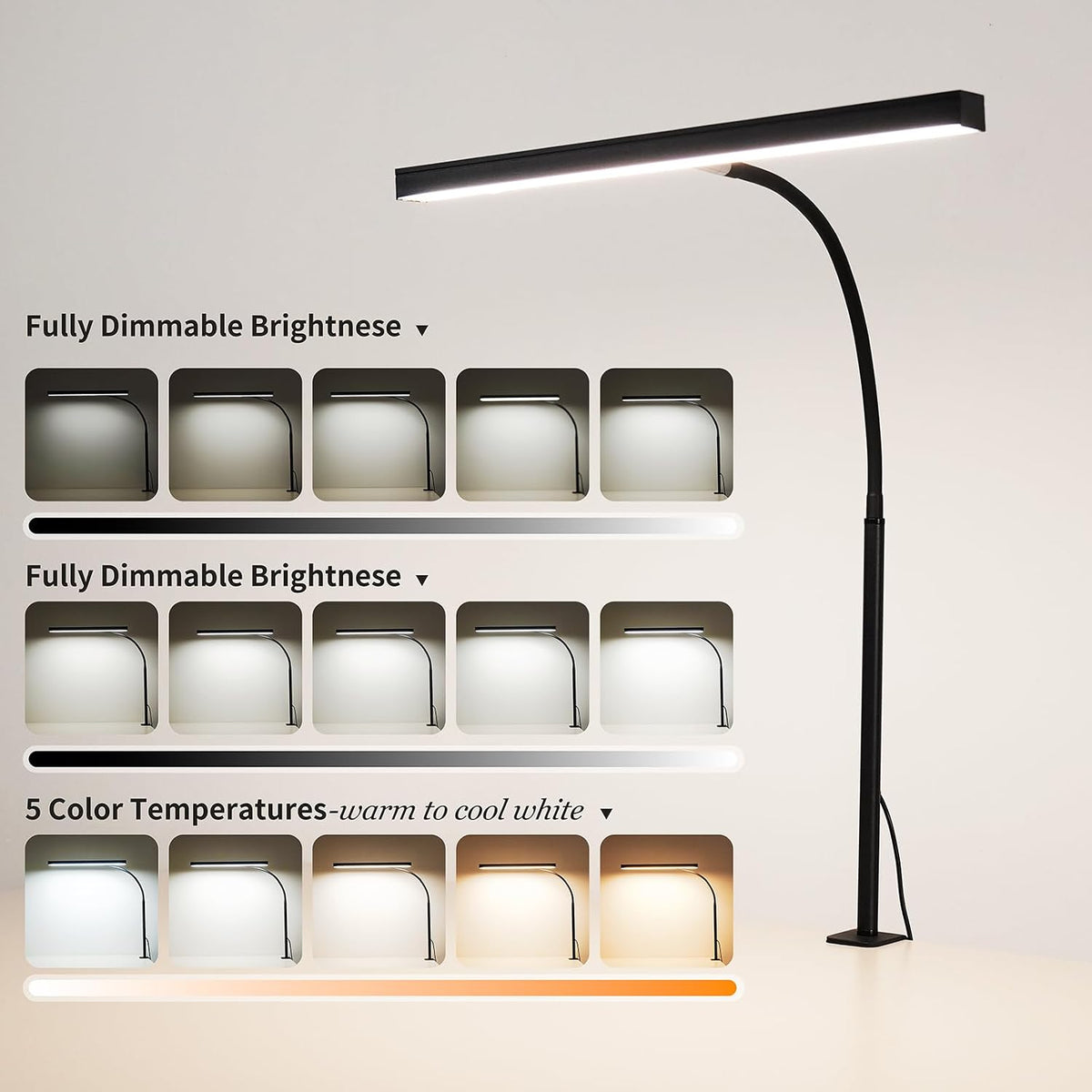 LED Desk Lamp for Office Home, Adjustable Flexible Eye-Caring Desk Light with,5 Modes 10 Brightness Adjustment, USB Adapter Desk Lamp with Clamp-MINI-B