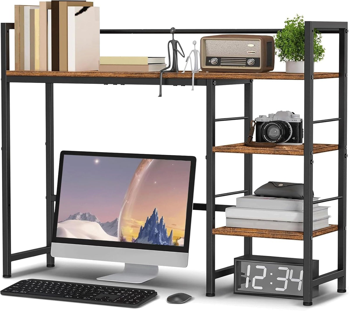 Desk Shelf, 38.6 Inch Wood Desk Organizer Shelf for Computer Monitor, Desk Hutch Storage, Desktop Shelf for Top of Desk, 3 Tier Desktop Bookshelf for Home Office Dorm, Rustic