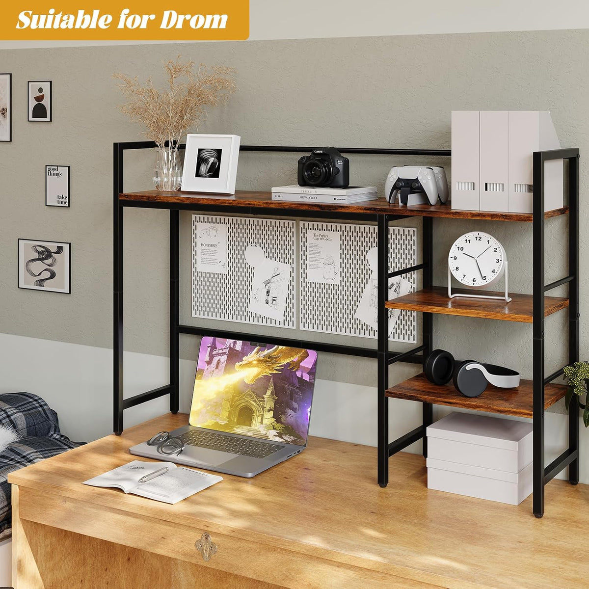 Desk Shelf, 38.6 Inch Wood Desk Organizer Shelf for Computer Monitor, Desk Hutch Storage, Desktop Shelf for Top of Desk, 3 Tier Desktop Bookshelf for Home Office Dorm, Rustic
