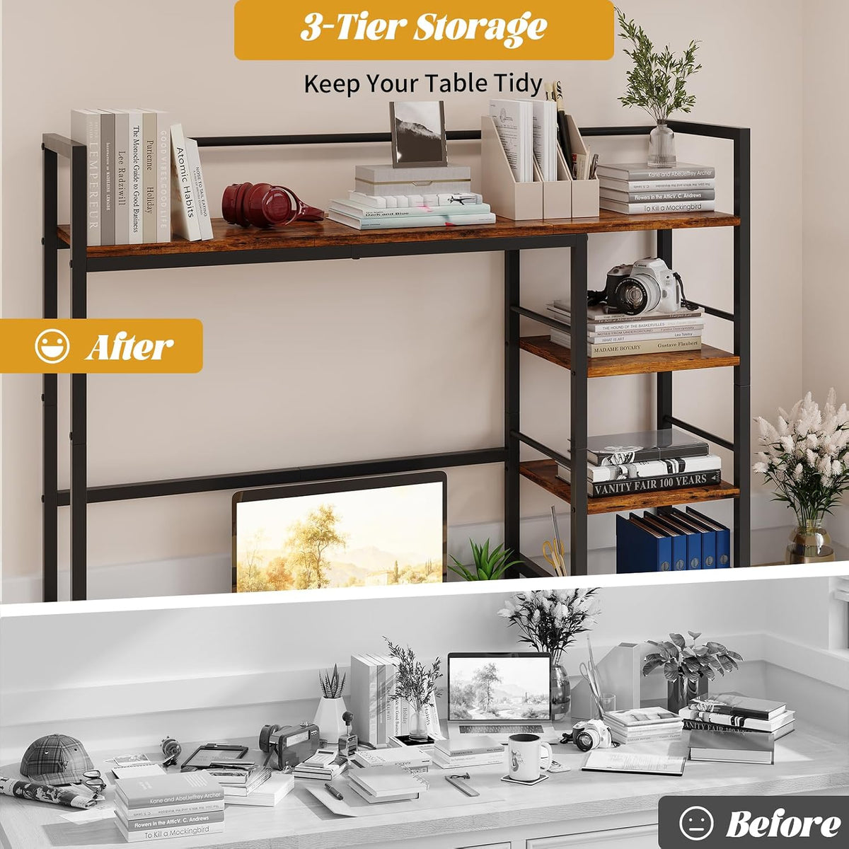 Desk Shelf, 38.6 Inch Wood Desk Organizer Shelf for Computer Monitor, Desk Hutch Storage, Desktop Shelf for Top of Desk, 3 Tier Desktop Bookshelf for Home Office Dorm, Rustic