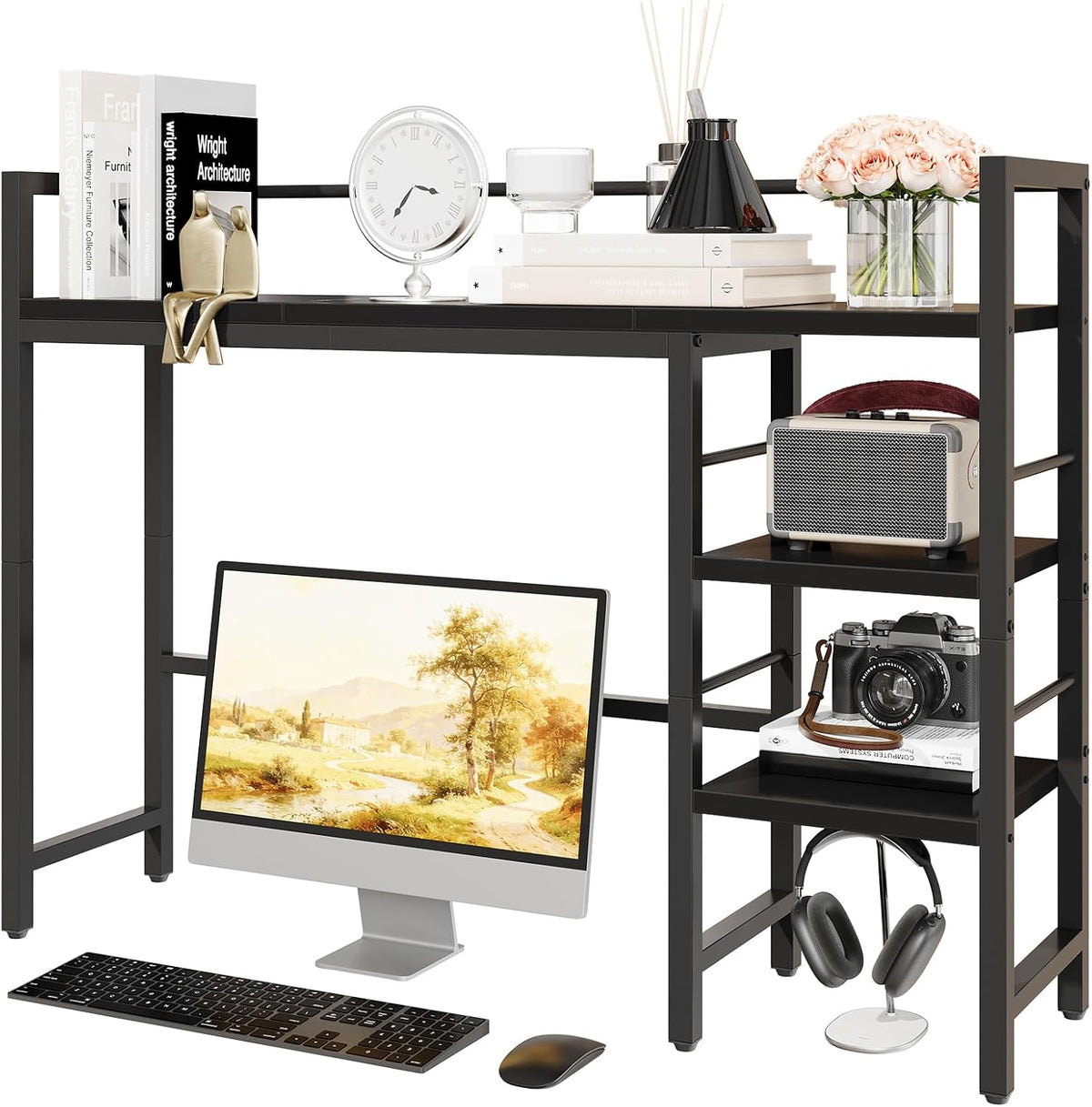 Desk Shelf, 38.6 Inch Wood Desk Organizer Shelf for Computer Monitor, Desk Hutch Storage, Desktop Shelf for Top of Desk, 3 Tier Desktop Bookshelf for Home Office Dorm, Rustic