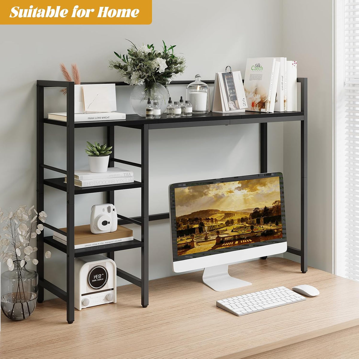 Desk Shelf, 38.6 Inch Wood Desk Organizer Shelf for Computer Monitor, Desk Hutch Storage, Desktop Shelf for Top of Desk, 3 Tier Desktop Bookshelf for Home Office Dorm, Rustic