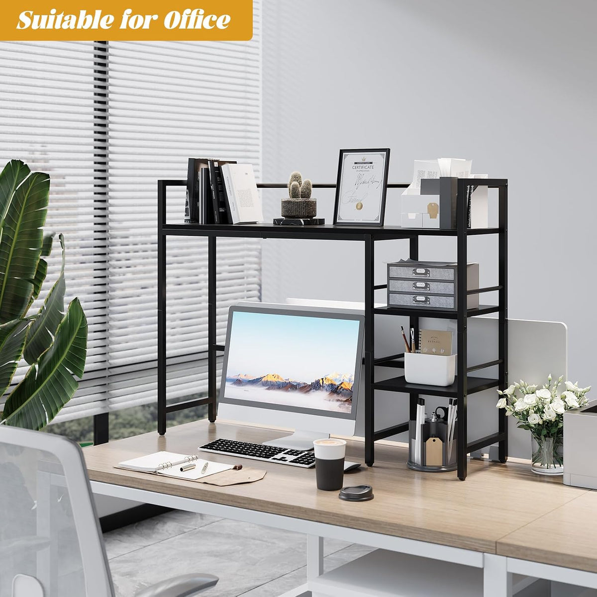 Desk Shelf, 38.6 Inch Wood Desk Organizer Shelf for Computer Monitor, Desk Hutch Storage, Desktop Shelf for Top of Desk, 3 Tier Desktop Bookshelf for Home Office Dorm, Rustic