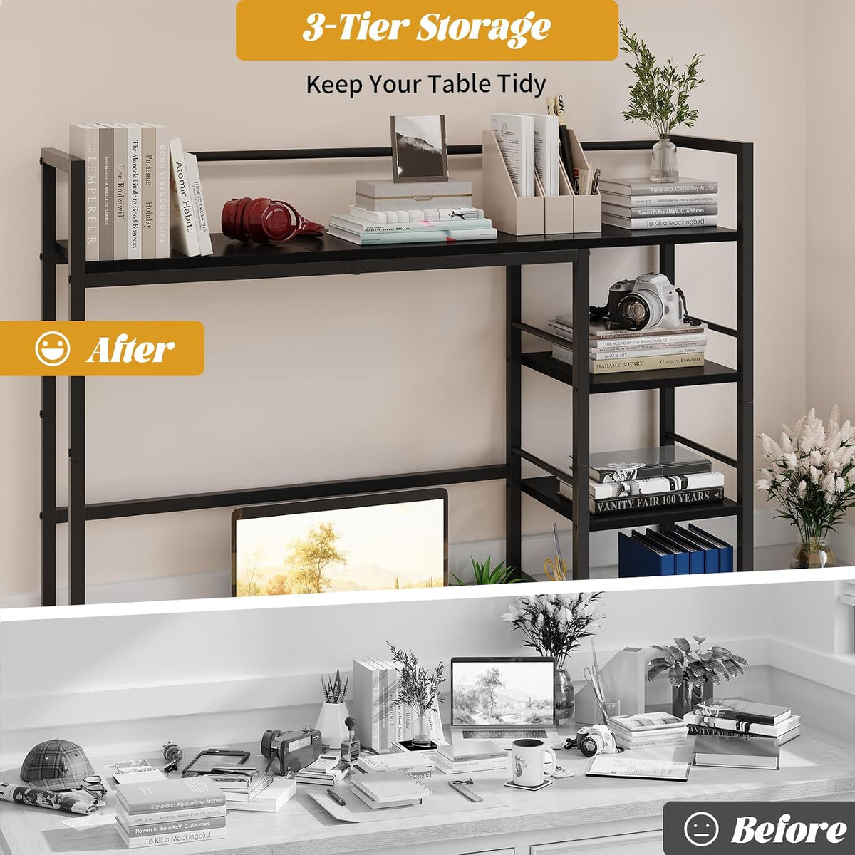 Desk Shelf, 38.6 Inch Wood Desk Organizer Shelf for Computer Monitor, Desk Hutch Storage, Desktop Shelf for Top of Desk, 3 Tier Desktop Bookshelf for Home Office Dorm, Rustic