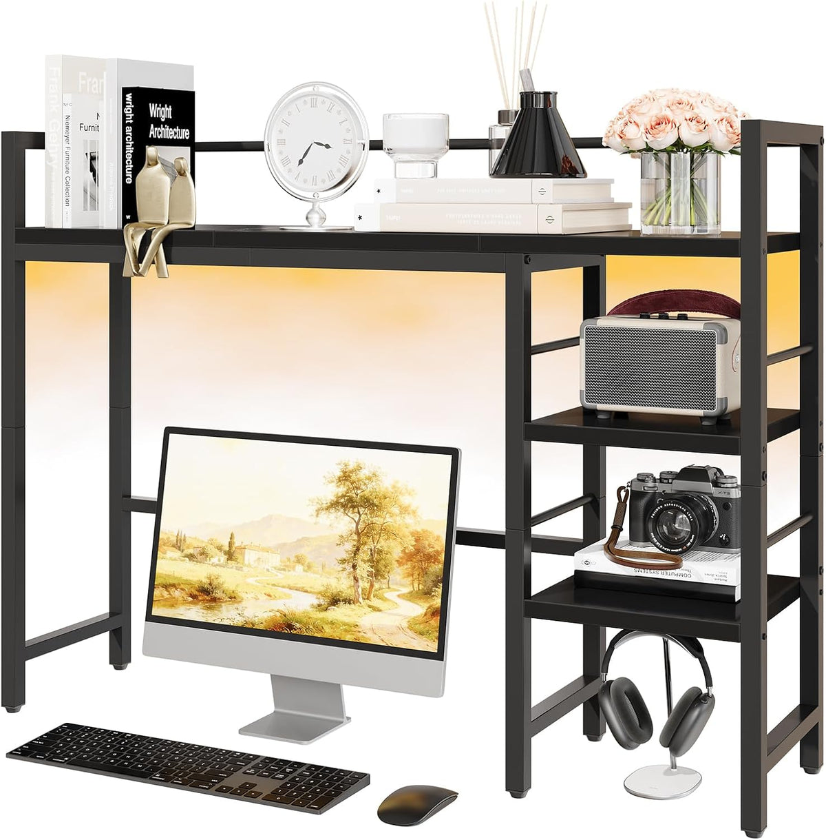 Desk Shelf, 38.6 Inch Wood Desk Organizer Shelf for Computer Monitor, Desk Hutch Storage, Desktop Shelf for Top of Desk, 3 Tier Desktop Bookshelf for Home Office Dorm, Rustic