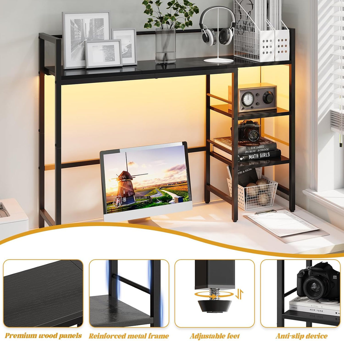 Desk Shelf, 38.6 Inch Wood Desk Organizer Shelf for Computer Monitor, Desk Hutch Storage, Desktop Shelf for Top of Desk, 3 Tier Desktop Bookshelf for Home Office Dorm, Rustic