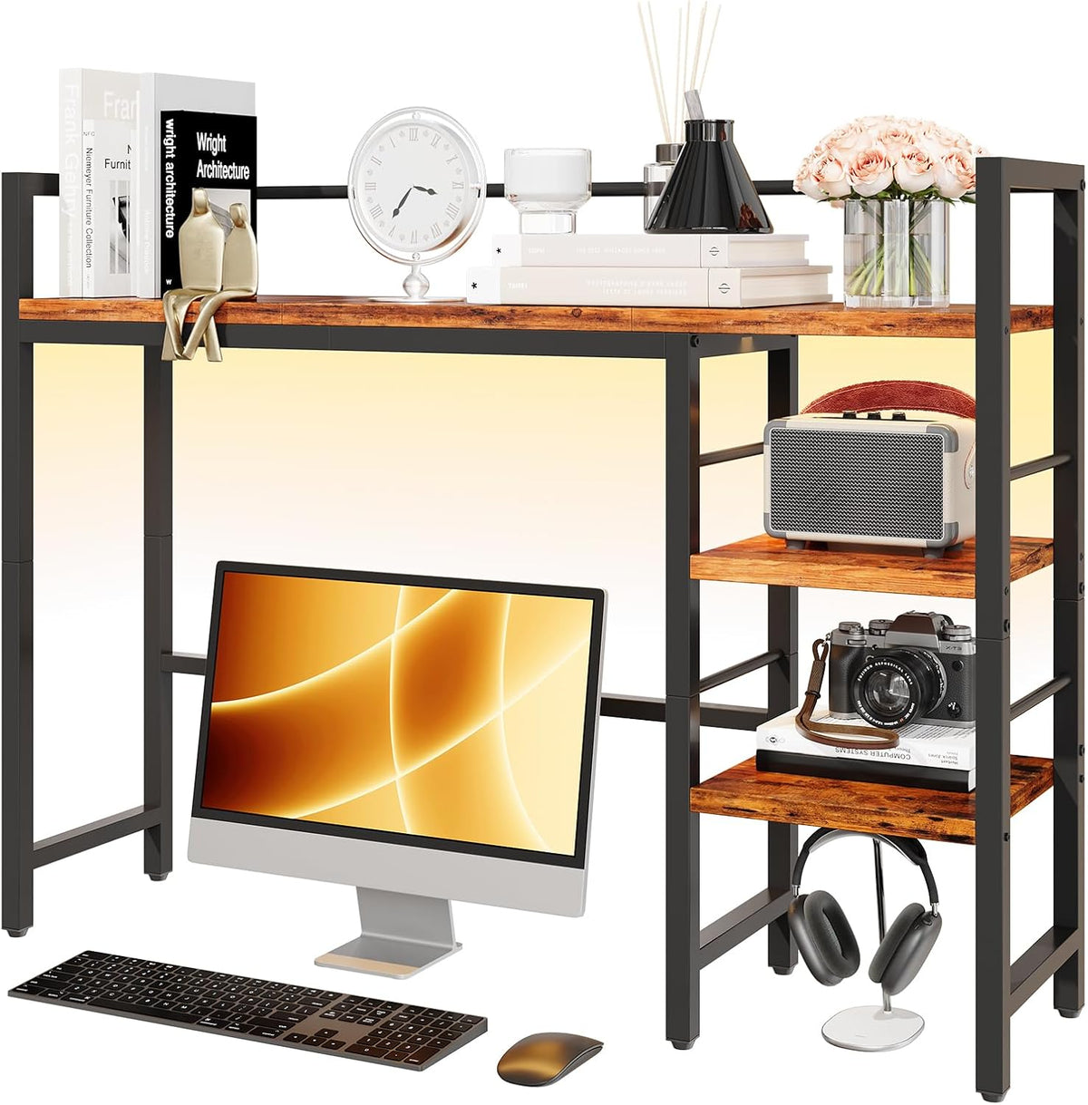 Desk Shelf, 38.6 Inch Wood Desk Organizer Shelf for Computer Monitor, Desk Hutch Storage, Desktop Shelf for Top of Desk, 3 Tier Desktop Bookshelf for Home Office Dorm, Rustic