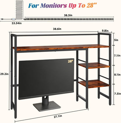 Desk Shelf, 38.6 Inch Wood Desk Organizer Shelf for Computer Monitor, Desk Hutch Storage, Desktop Shelf for Top of Desk, 3 Tier Desktop Bookshelf for Home Office Dorm, Rustic