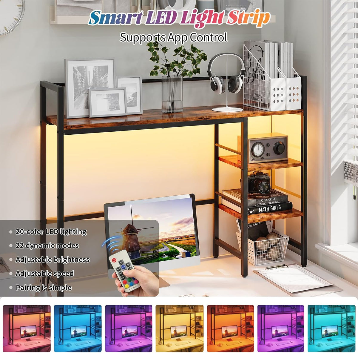 Desk Shelf, 38.6 Inch Wood Desk Organizer Shelf for Computer Monitor, Desk Hutch Storage, Desktop Shelf for Top of Desk, 3 Tier Desktop Bookshelf for Home Office Dorm, Rustic