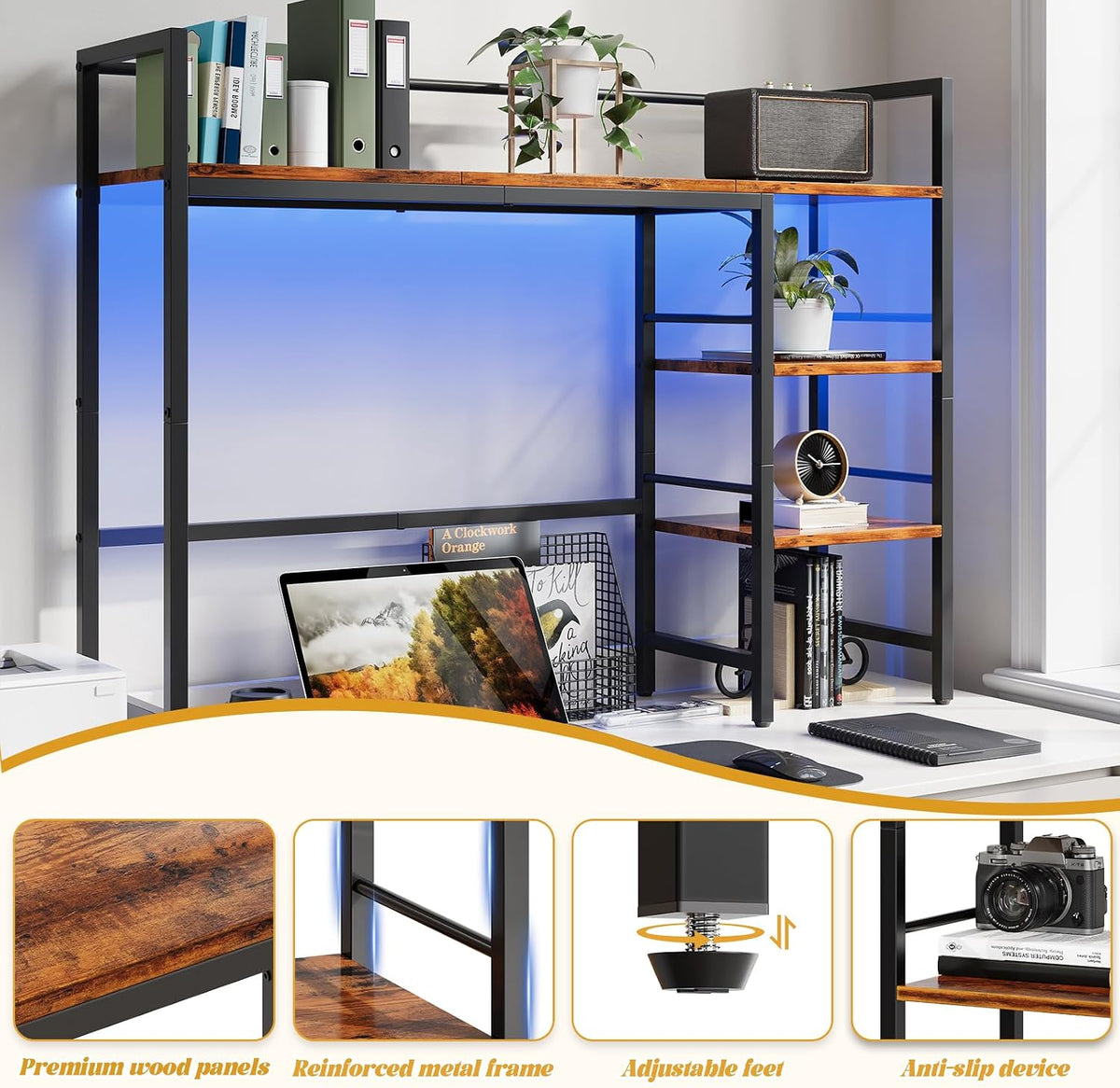 Desk Shelf, 38.6 Inch Wood Desk Organizer Shelf for Computer Monitor, Desk Hutch Storage, Desktop Shelf for Top of Desk, 3 Tier Desktop Bookshelf for Home Office Dorm, Rustic