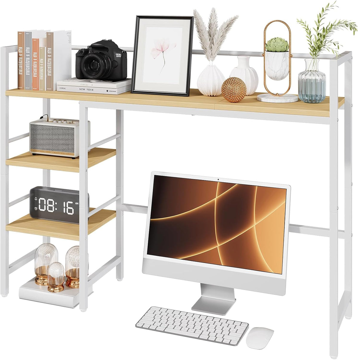 Desk Shelf, 38.6 Inch Wood Desk Organizer Shelf for Computer Monitor, Desk Hutch Storage, Desktop Shelf for Top of Desk, 3 Tier Desktop Bookshelf for Home Office Dorm, Rustic