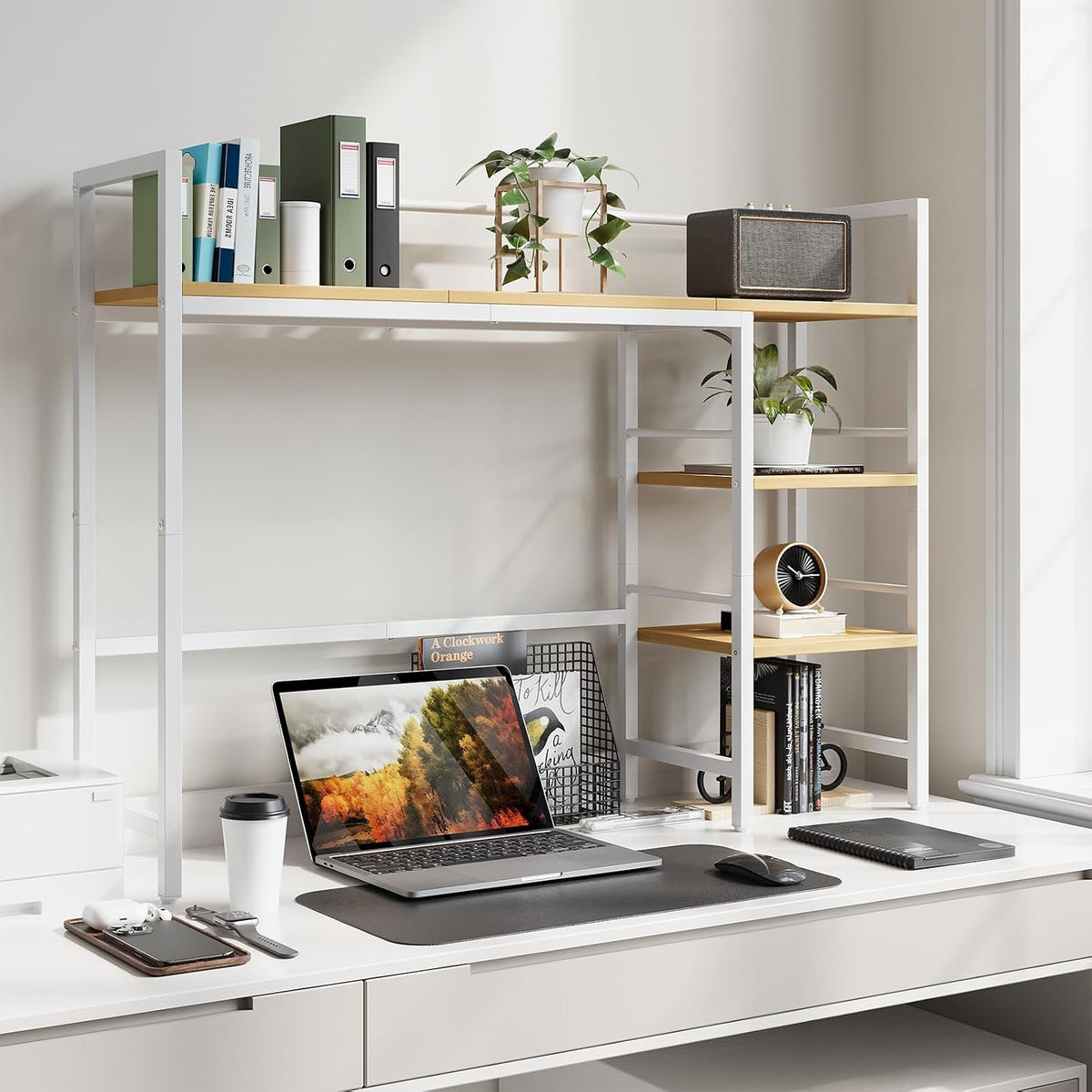 Desk Shelf, 38.6 Inch Wood Desk Organizer Shelf for Computer Monitor, Desk Hutch Storage, Desktop Shelf for Top of Desk, 3 Tier Desktop Bookshelf for Home Office Dorm, Rustic