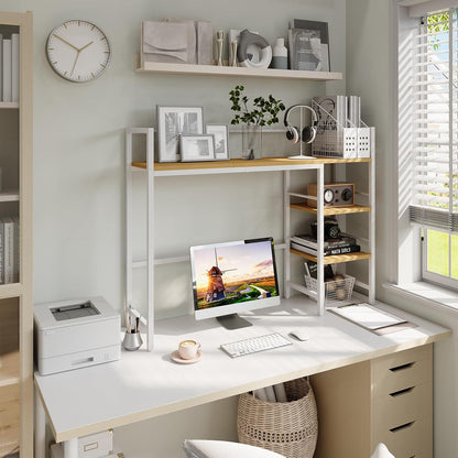 Desk Shelf, 38.6 Inch Wood Desk Organizer Shelf for Computer Monitor, Desk Hutch Storage, Desktop Shelf for Top of Desk, 3 Tier Desktop Bookshelf for Home Office Dorm, Rustic
