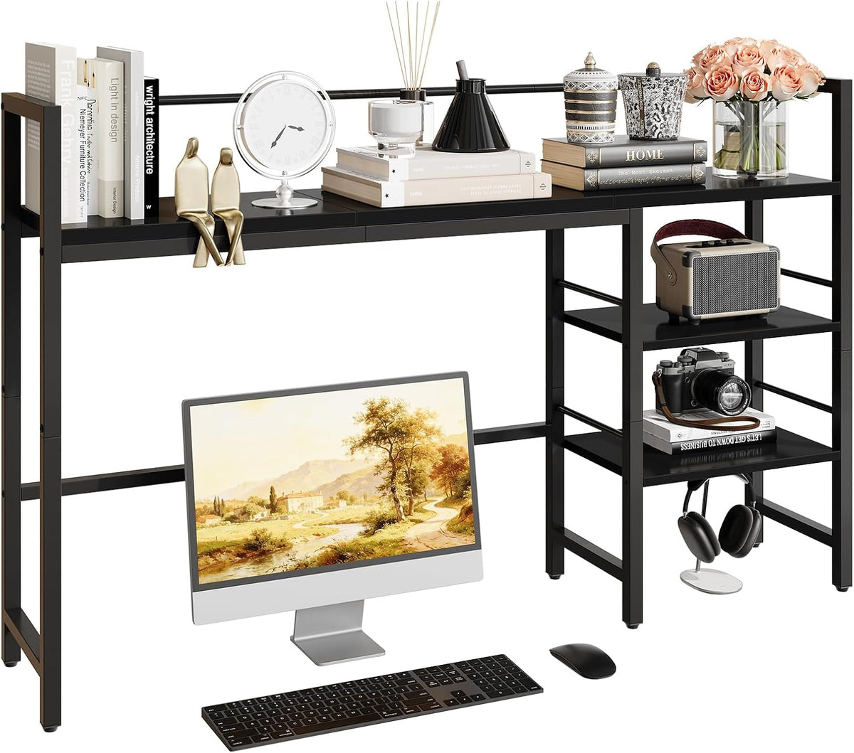 Desk Shelf, 38.6 Inch Wood Desk Organizer Shelf for Computer Monitor, Desk Hutch Storage, Desktop Shelf for Top of Desk, 3 Tier Desktop Bookshelf for Home Office Dorm, Rustic