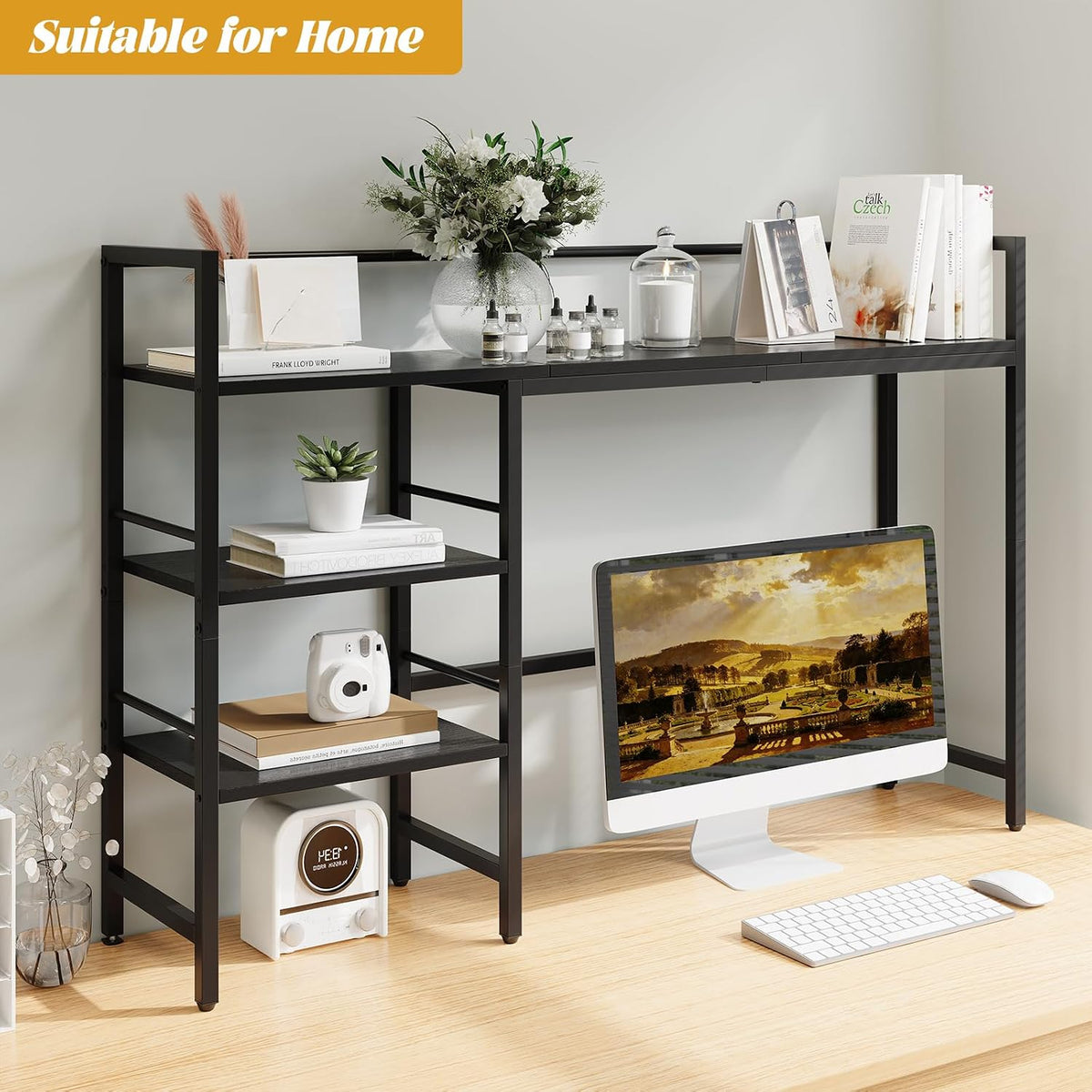 Desk Shelf, 38.6 Inch Wood Desk Organizer Shelf for Computer Monitor, Desk Hutch Storage, Desktop Shelf for Top of Desk, 3 Tier Desktop Bookshelf for Home Office Dorm, Rustic