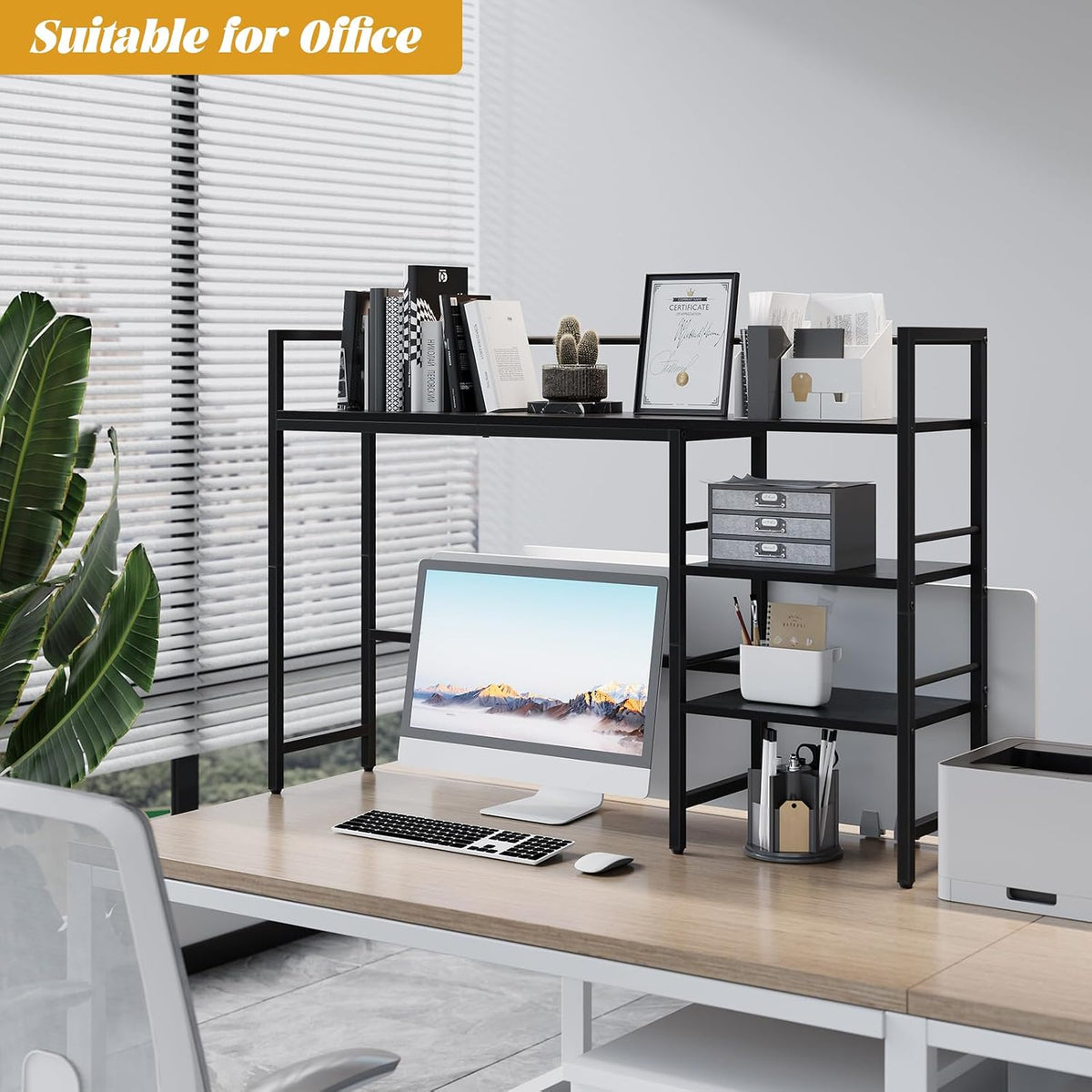 Desk Shelf, 38.6 Inch Wood Desk Organizer Shelf for Computer Monitor, Desk Hutch Storage, Desktop Shelf for Top of Desk, 3 Tier Desktop Bookshelf for Home Office Dorm, Rustic