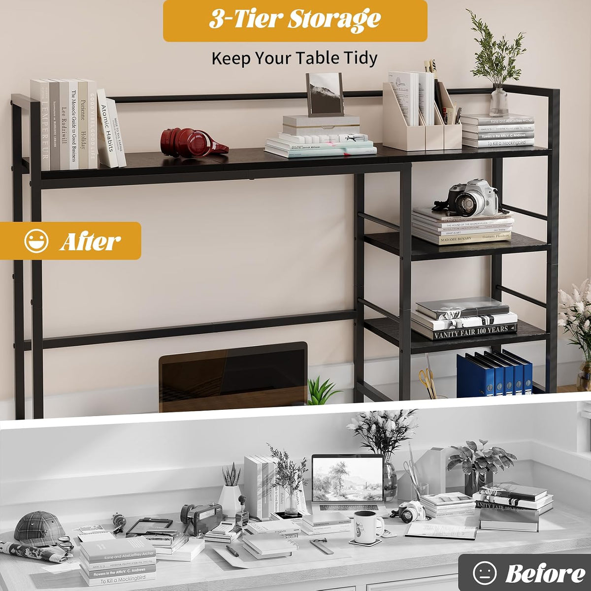 Desk Shelf, 38.6 Inch Wood Desk Organizer Shelf for Computer Monitor, Desk Hutch Storage, Desktop Shelf for Top of Desk, 3 Tier Desktop Bookshelf for Home Office Dorm, Rustic